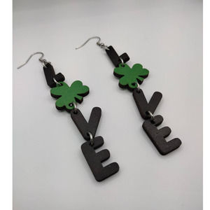 LOVE Shamrock Wooden Dangle St. Patrick's Day 4 Leaf Clover Irish Earrings
